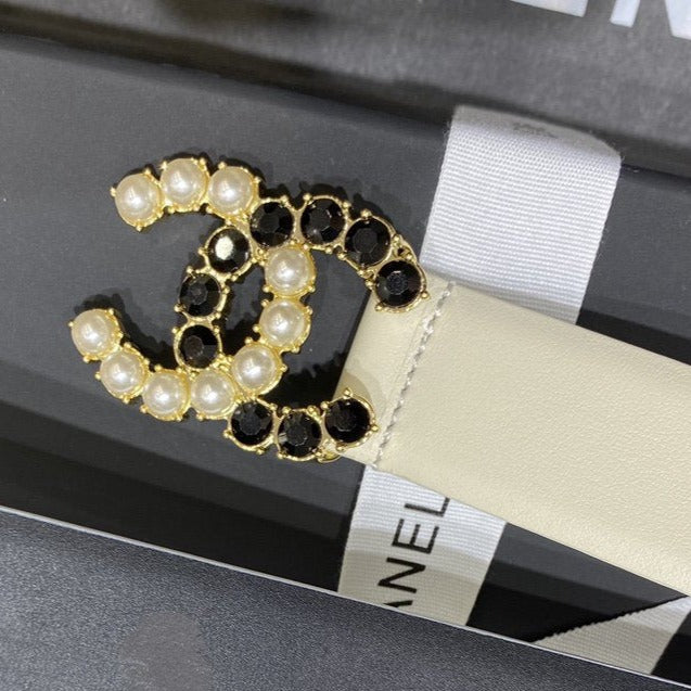 Cc Belt 3.0Cm Leather White Buckle Gold Pearl Diamond