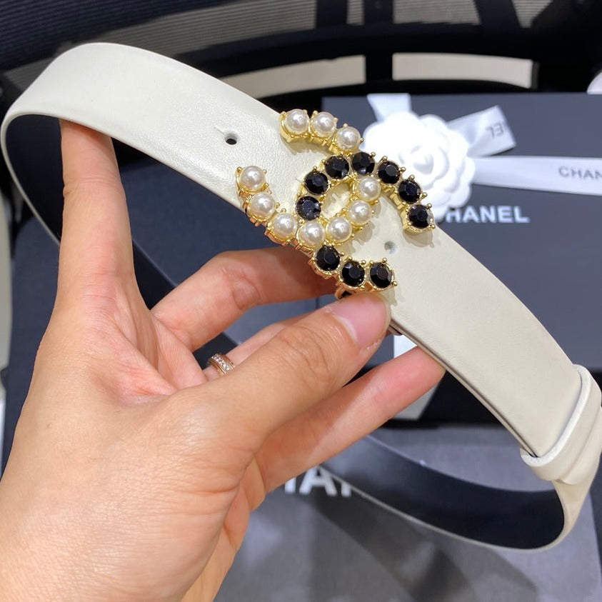 Cc Belt 3.0Cm Leather White Buckle Gold Pearl Diamond