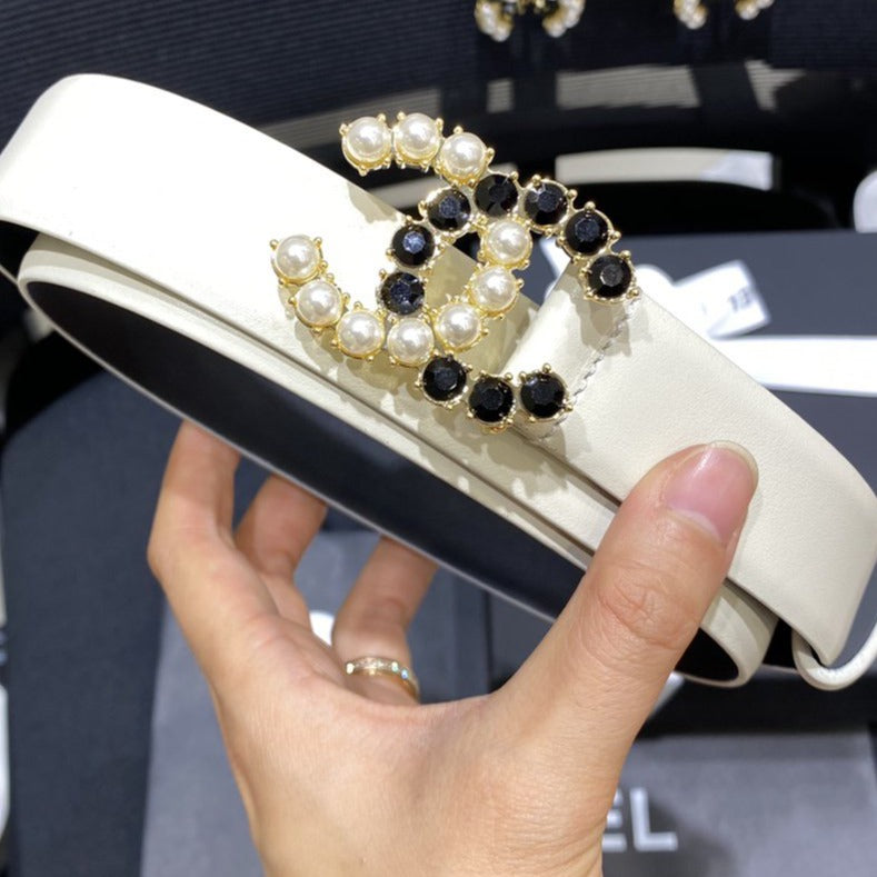 Cc Belt 3.0Cm Leather White Buckle Gold Pearl Diamond