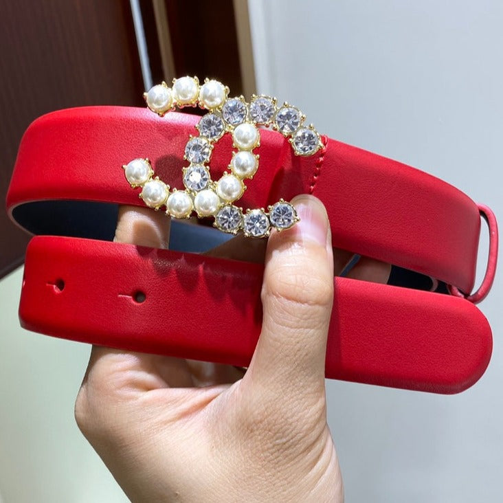 Cc Belt 3.0Cm Leather Red Buckle Gold Pearl Diamond