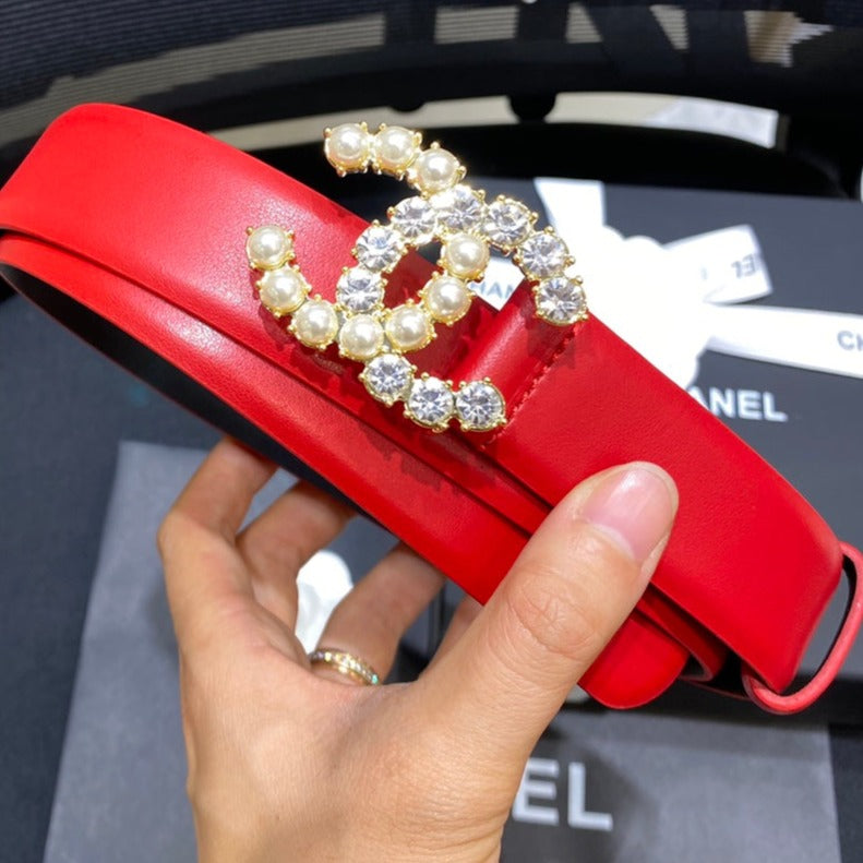 Cc Belt 3.0Cm Leather Red Buckle Gold Pearl Diamond
