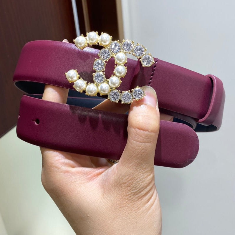 Cc Belt 3.0Cm Leather Purple Buckle Gold Pearl Diamond