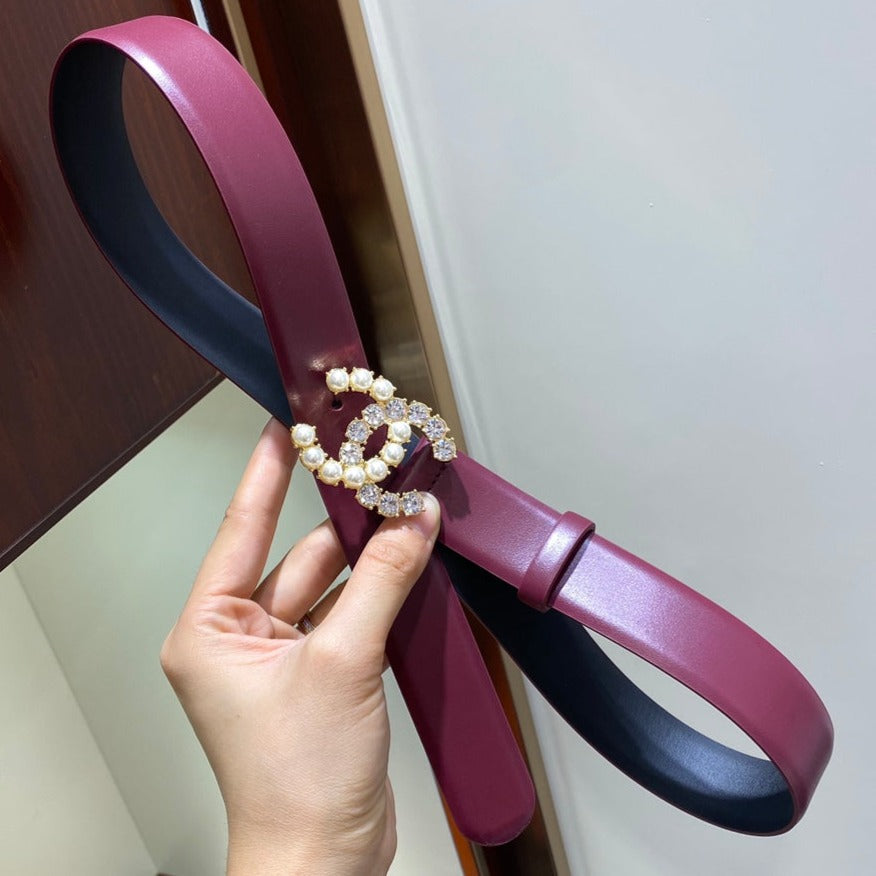 Cc Belt 3.0Cm Leather Purple Buckle Gold Pearl Diamond