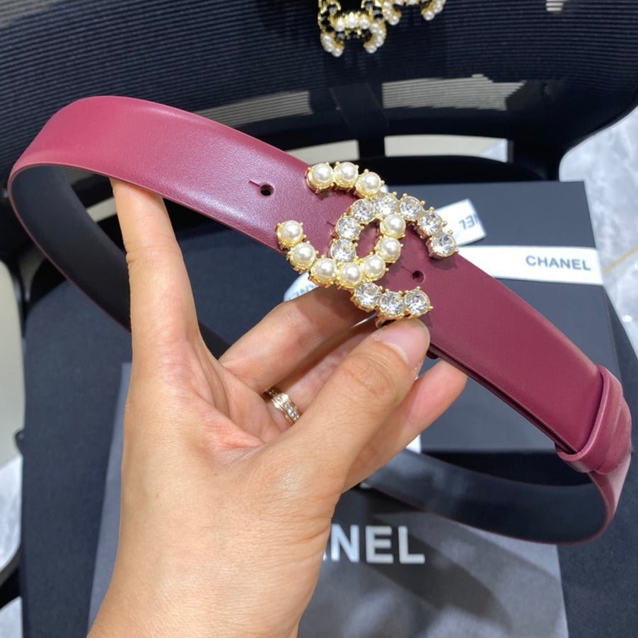 Cc Belt 3.0Cm Leather Purple Buckle Gold Pearl Diamond