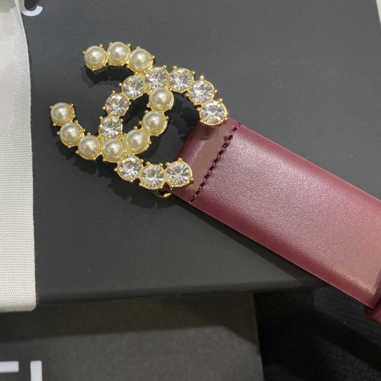 Cc Belt 3.0Cm Leather Purple Buckle Gold Pearl Diamond