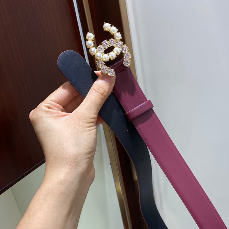 Cc Belt 3.0Cm Leather Purple Buckle Gold Pearl Diamond