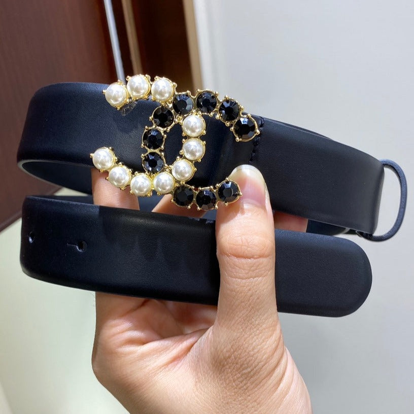 Cc Belt 3.0Cm Leather Black Buckle Gold Pearl Diamond