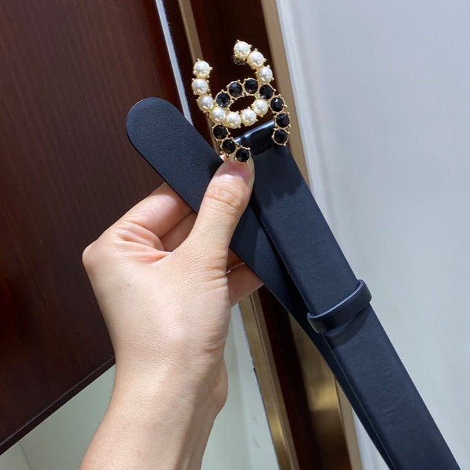 Cc Belt 3.0Cm Leather Black Buckle Gold Pearl Diamond