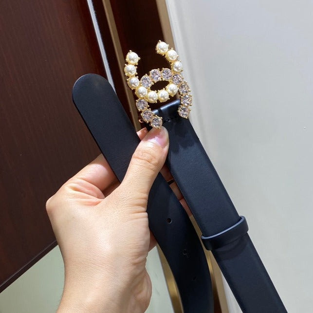 Cc Belt 3.0Cm Leather Black Buckle Gold Pearl White Diamond