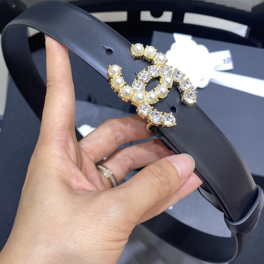 Cc Belt 3.0Cm Leather Black Buckle Gold Pearl White Diamond