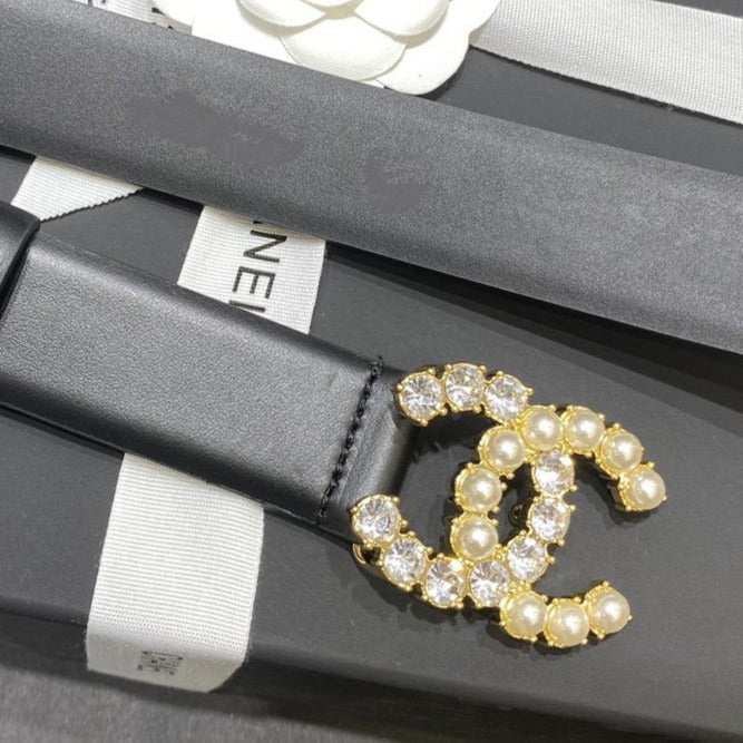 Cc Belt 3.0Cm Leather Black Buckle Gold Pearl White Diamond
