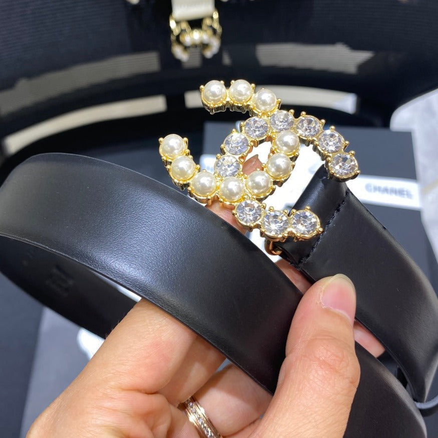 Cc Belt 3.0Cm Leather Black Buckle Gold Pearl White Diamond