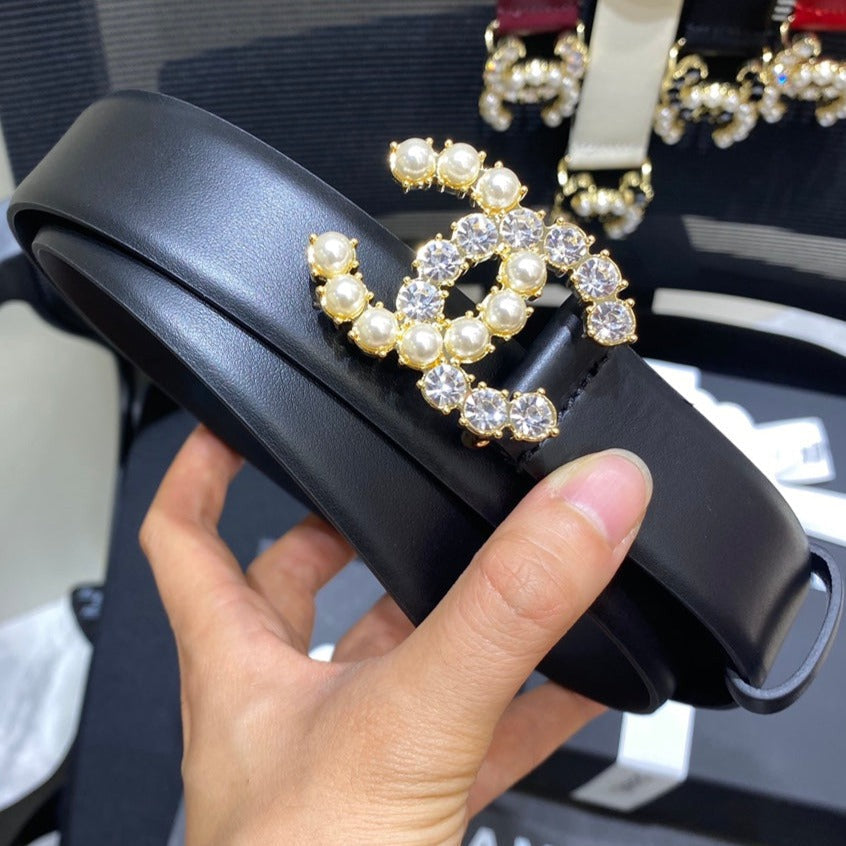 Cc Belt 3.0Cm Leather Black Buckle Gold Pearl White Diamond