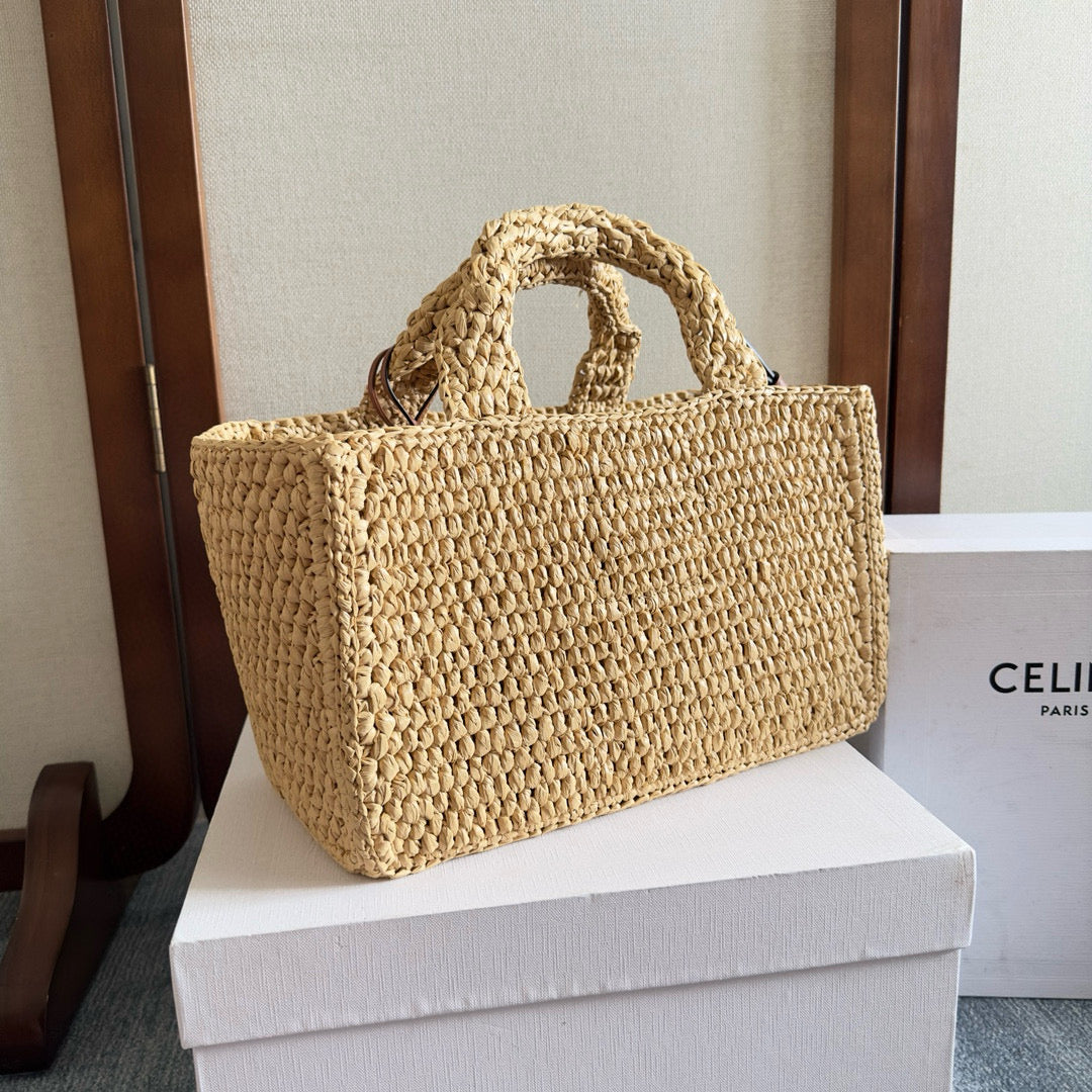 Celine Cabas Thais Handbag Beige mix Brown Plant Material And Cow Leather
