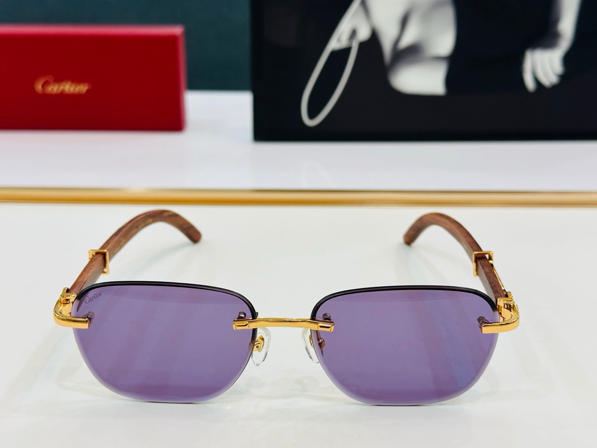 C De Rimless Square Frame Sunglasses Ct0605S In Metal And Wooden