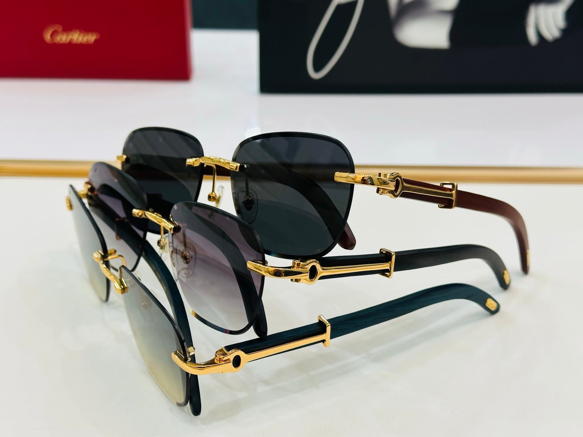 C De Rimless Square Frame Sunglasses Ct0605S In Metal And Wooden