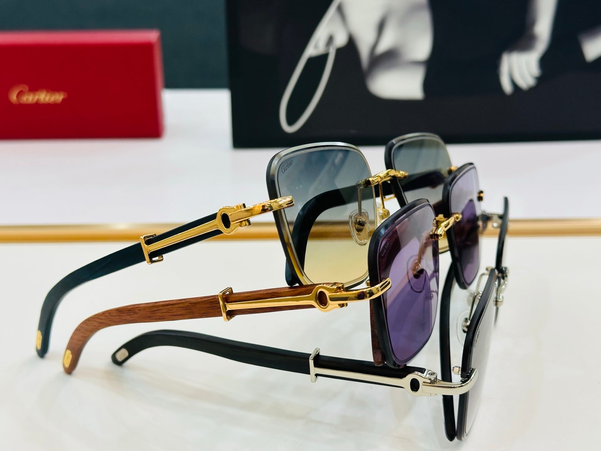 C De Rimless Rectangular Frame Sunglasses Ct0607S In Metal And Wooden