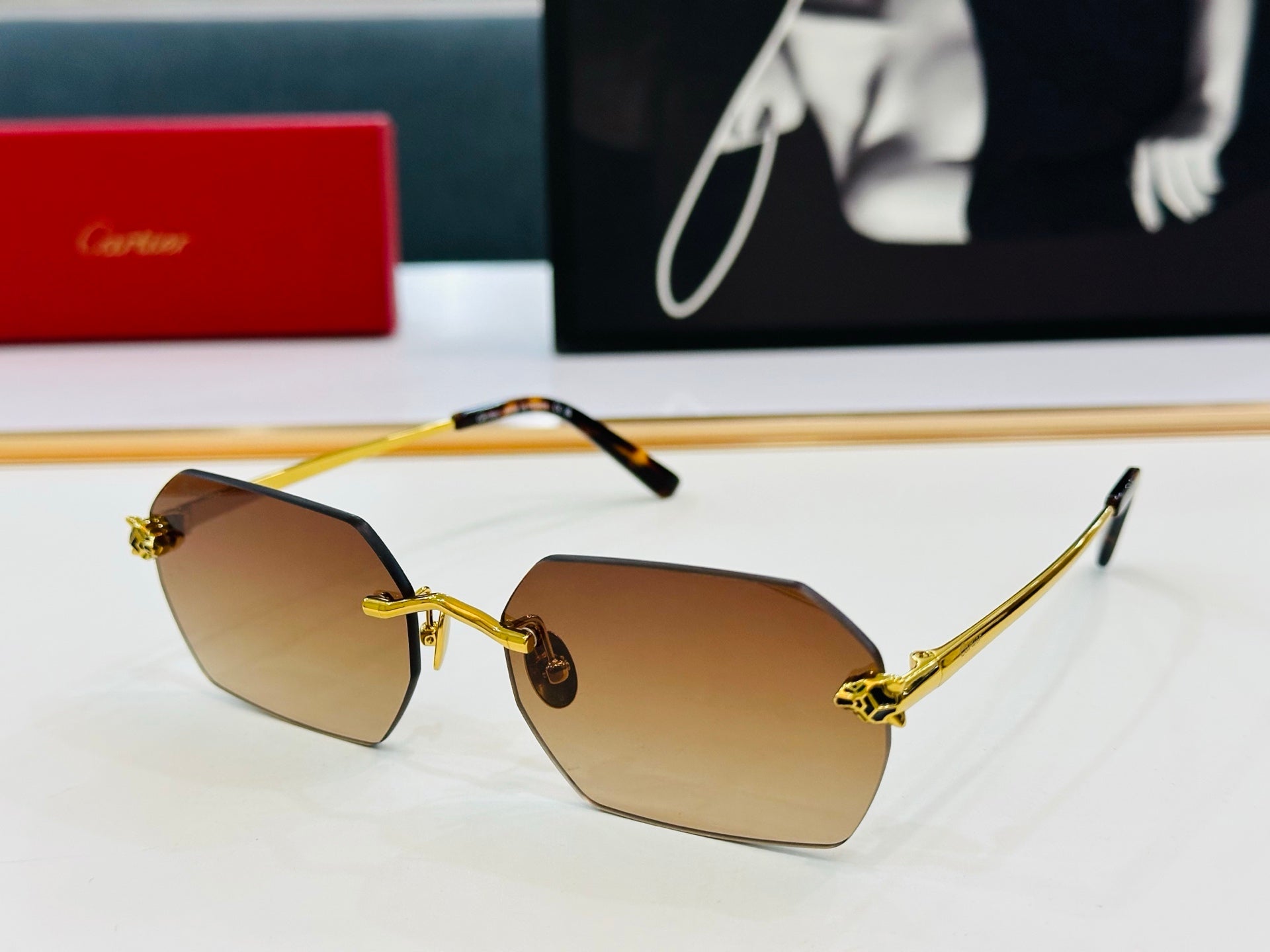 Panthère Rimless Geometric Frame Sunglasses Ct0504S In Metal