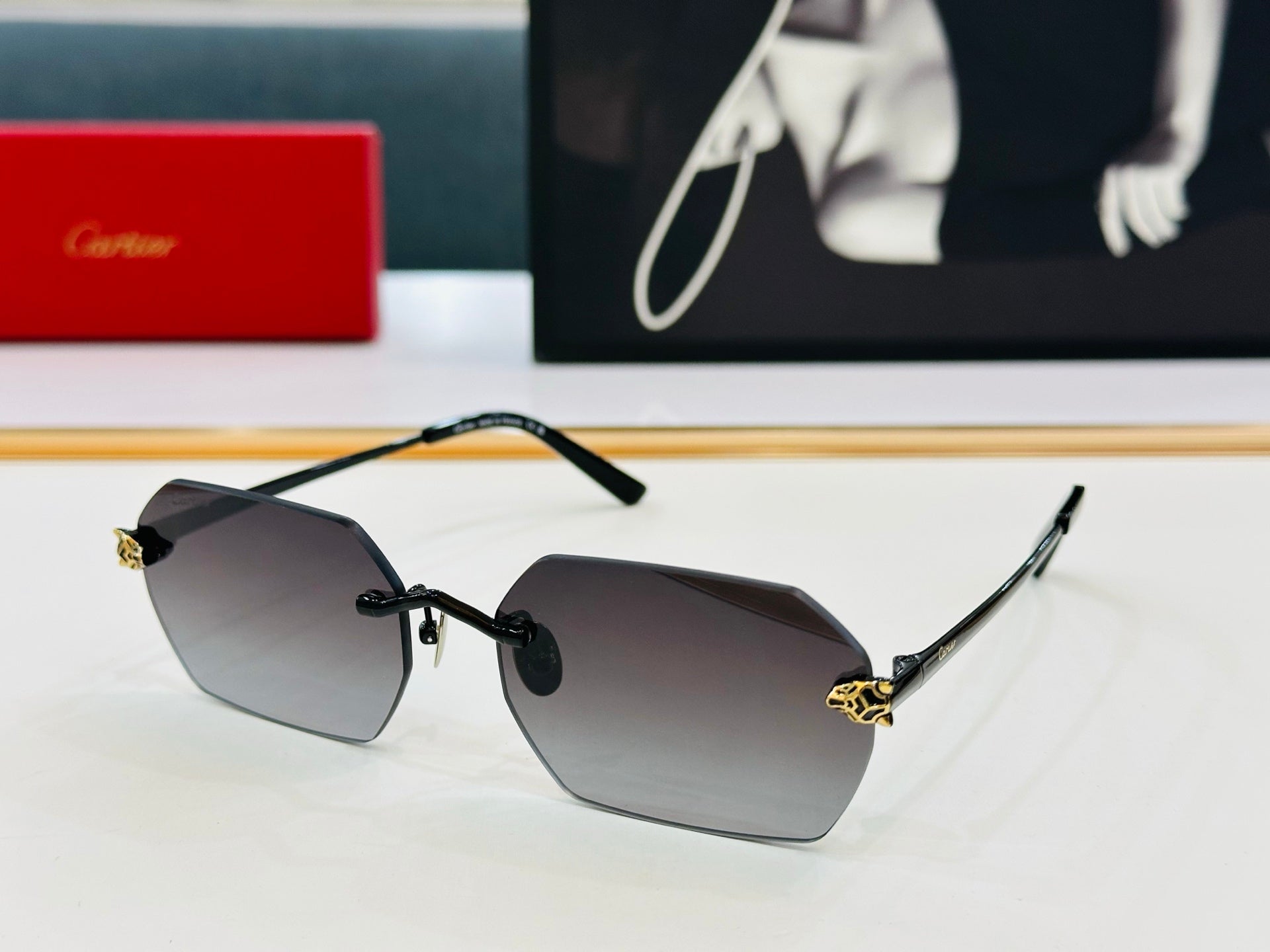 Panthère Rimless Geometric Frame Sunglasses Ct0504S In Metal
