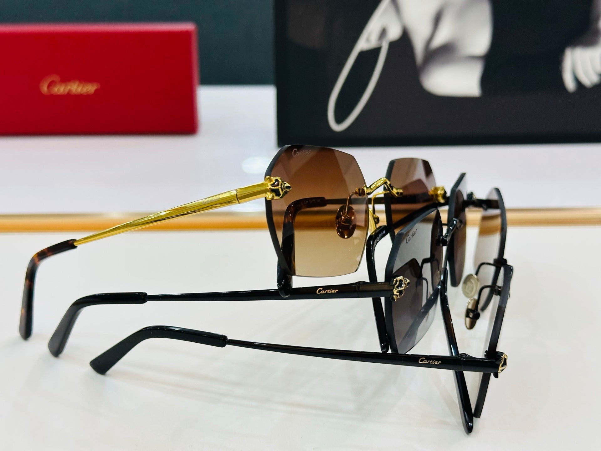 Panthère Rimless Geometric Frame Sunglasses Ct0504S In Metal