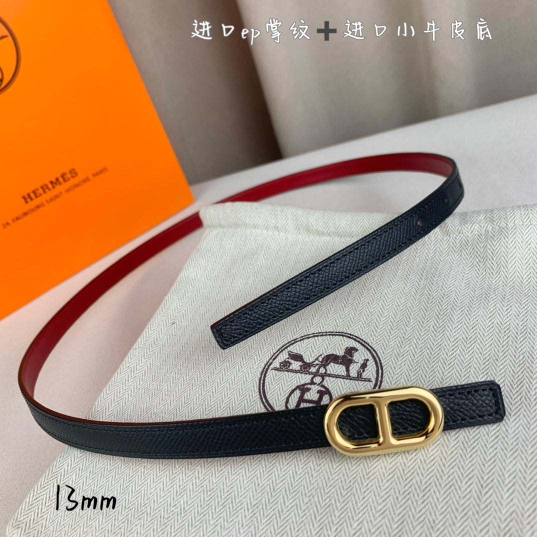 Hm Maillon H Belt Buckle & Reversible Black Leather Strap 13 Mm Gold Hardware