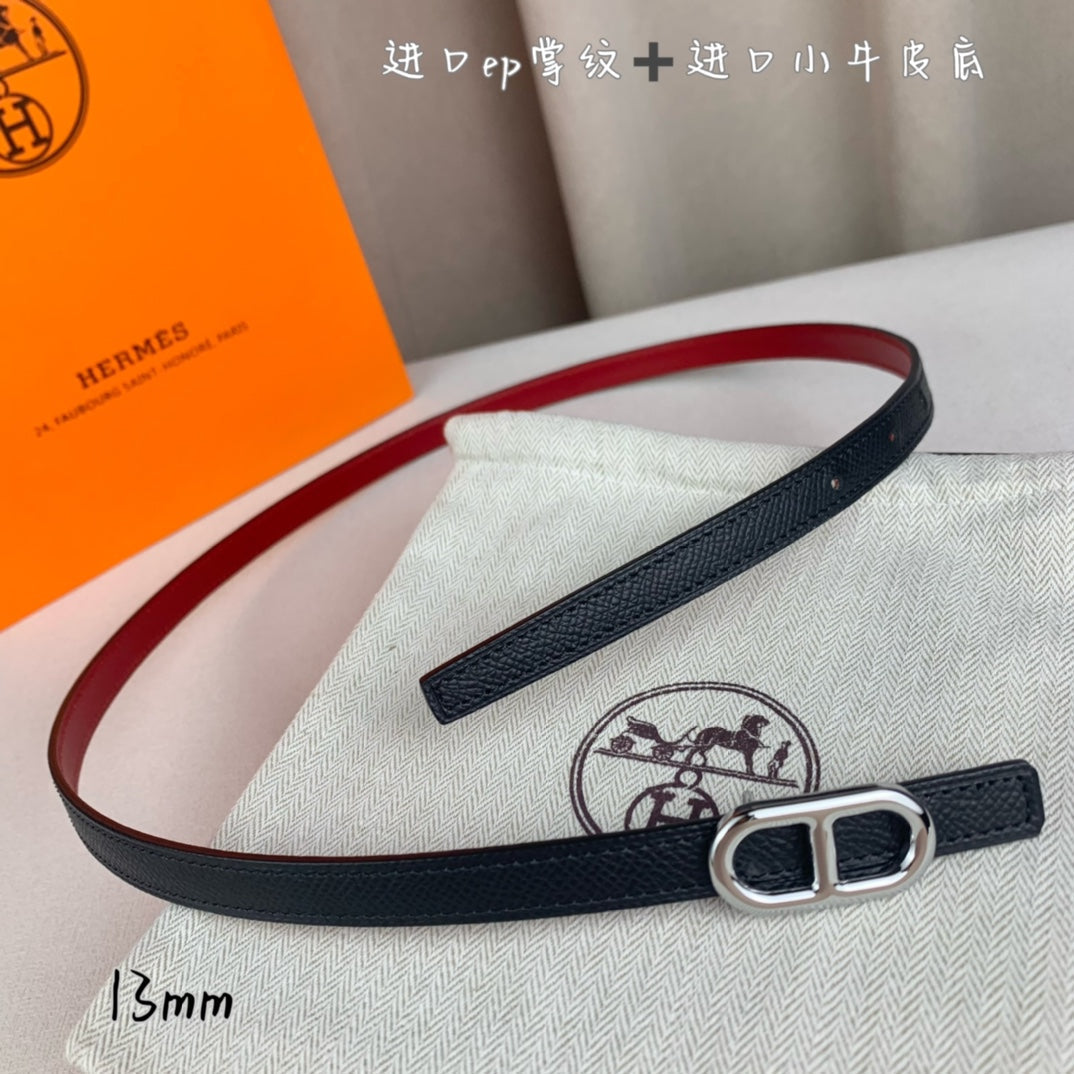 Hm Maillon H Belt Buckle & Reversible Black Leather Strap 13 Mm Silver Hardware