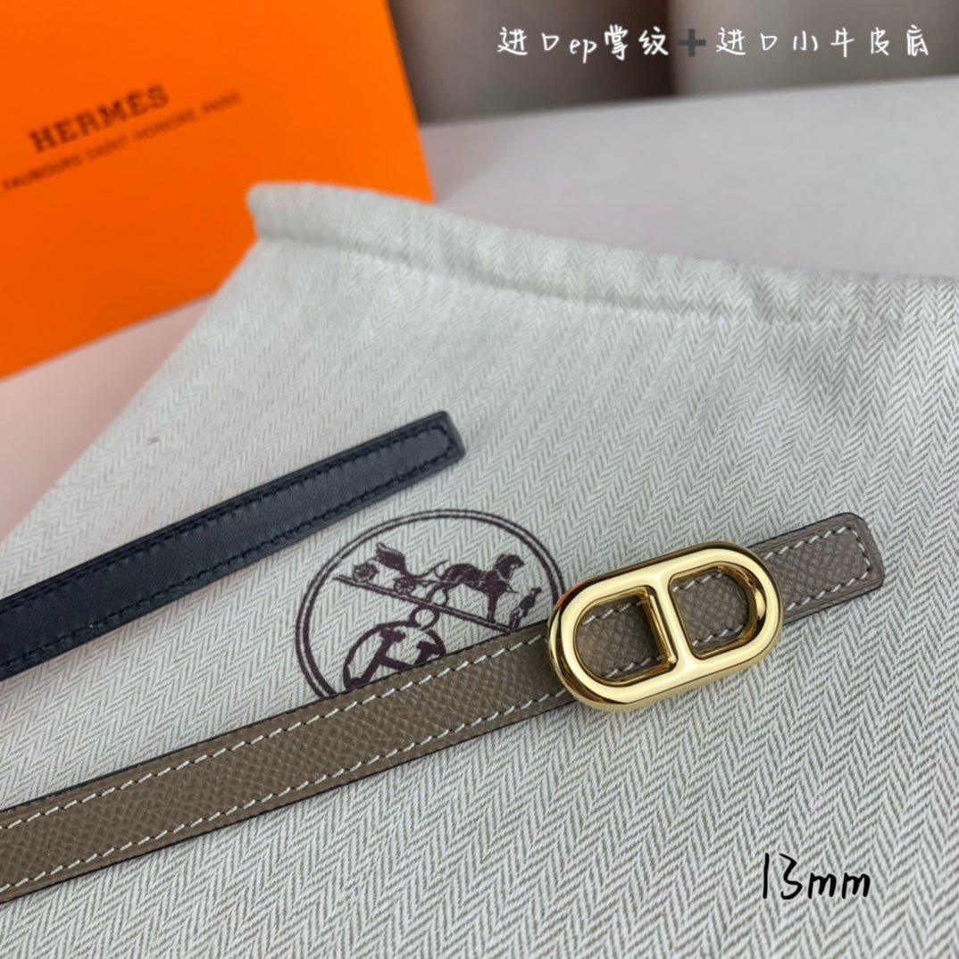 Hm Maillon H Belt Buckle & Reversible Coffee Brown Leather Strap 13 Mm Gold Hardware