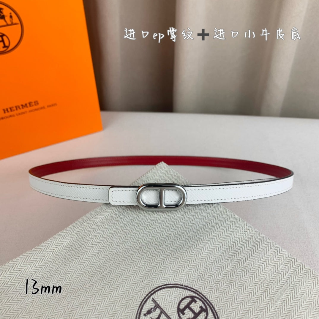 Hm Maillon H Belt Buckle & Reversible White Leather Strap 13 Mm Silver Hardware