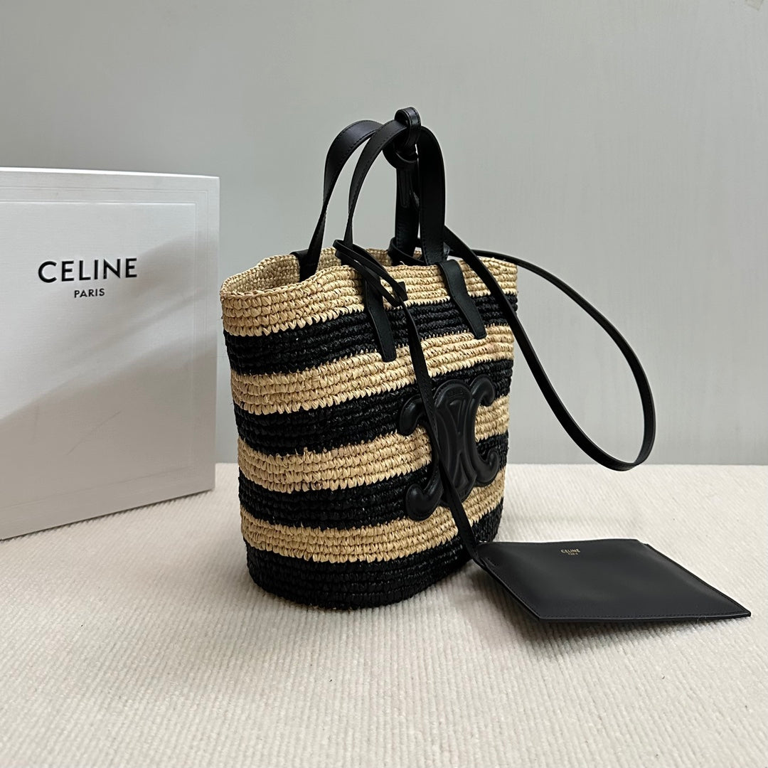 Celine Teen Supple Classic Panier 22cm Black Calfskin Black Beige Raffia