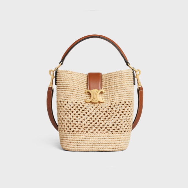 Medium Louise Bucket 24cm Brown Calfskin Beige Raffia