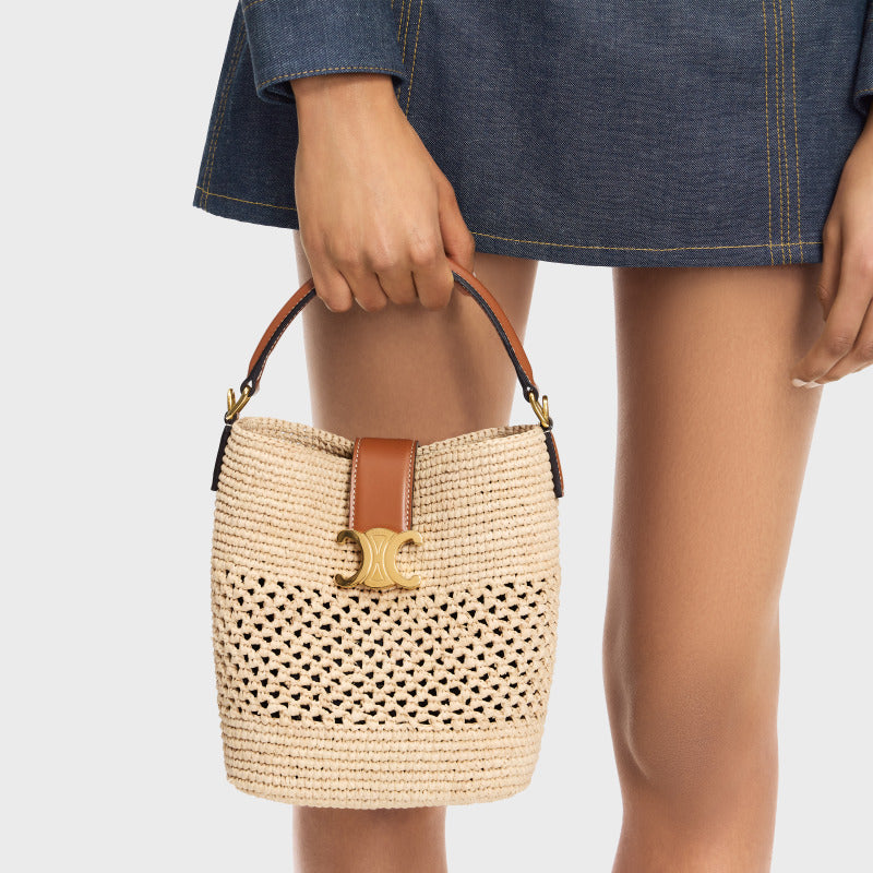 Medium Louise Bucket 24cm Brown Calfskin Beige Raffia