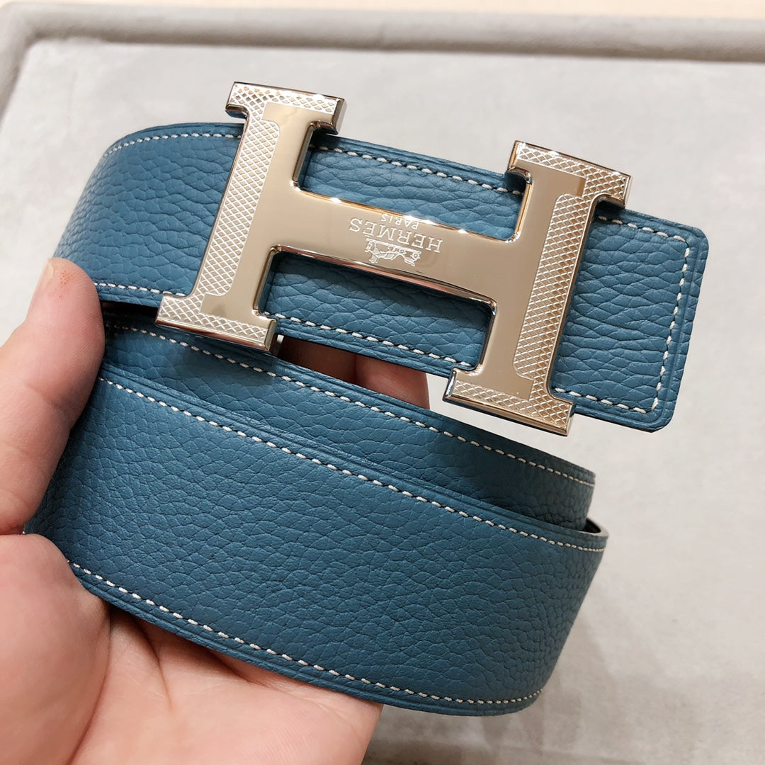 Hm H D'Ancre Belt Buckle & Reversible Blue Green Leather Strap 38 Mm Silver Hardware