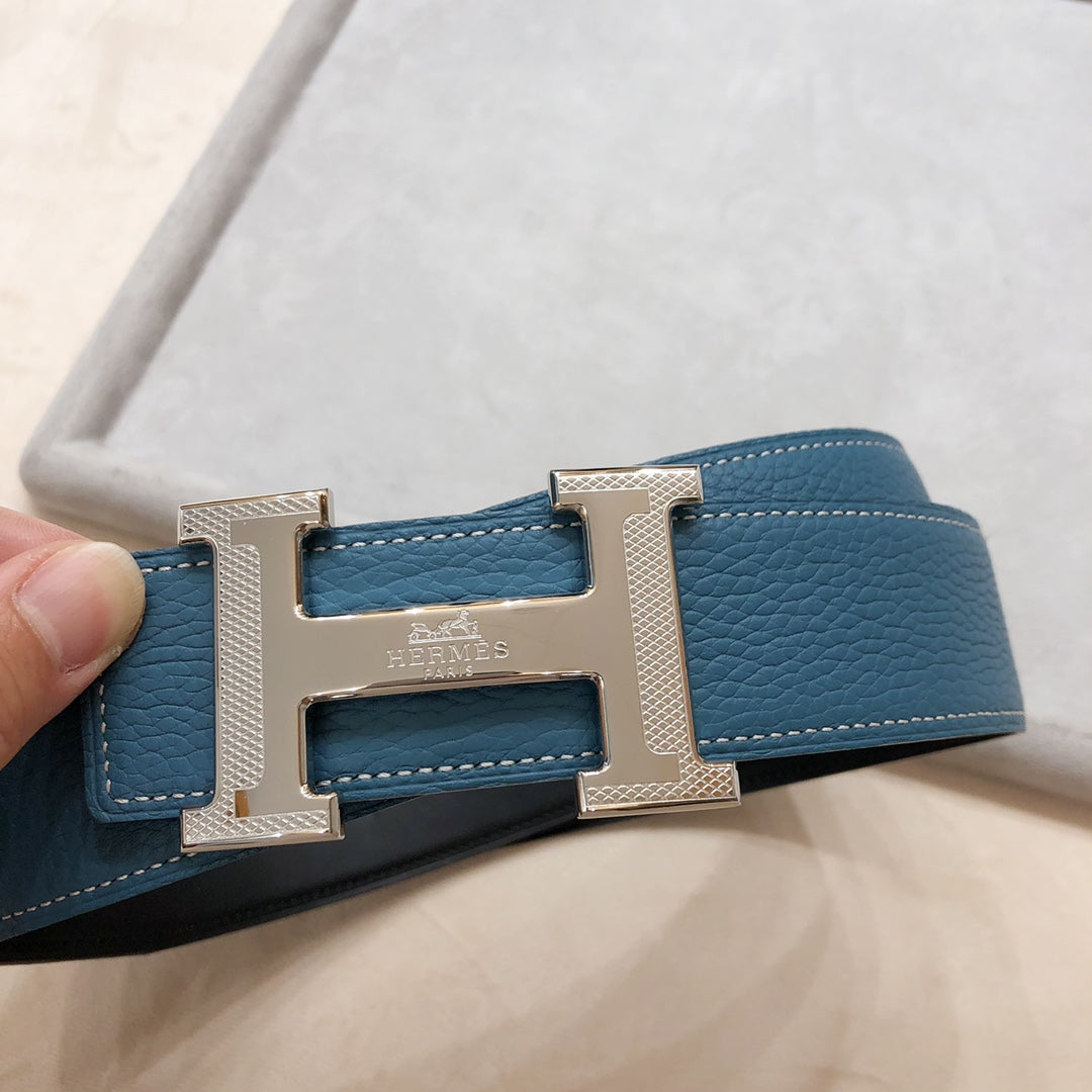 Hm H D'Ancre Belt Buckle & Reversible Blue Green Leather Strap 38 Mm Silver Hardware