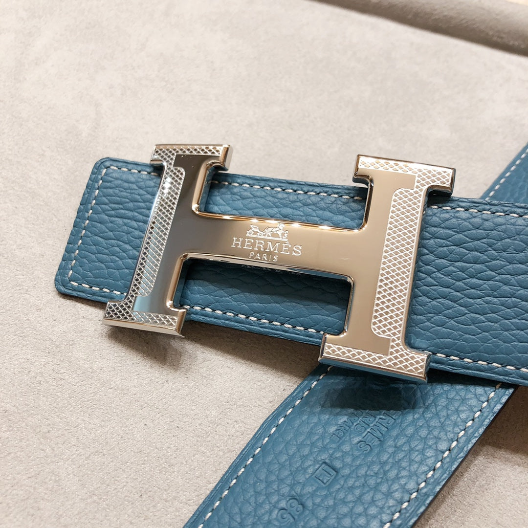 Hm H D'Ancre Belt Buckle & Reversible Blue Green Leather Strap 38 Mm Silver Hardware