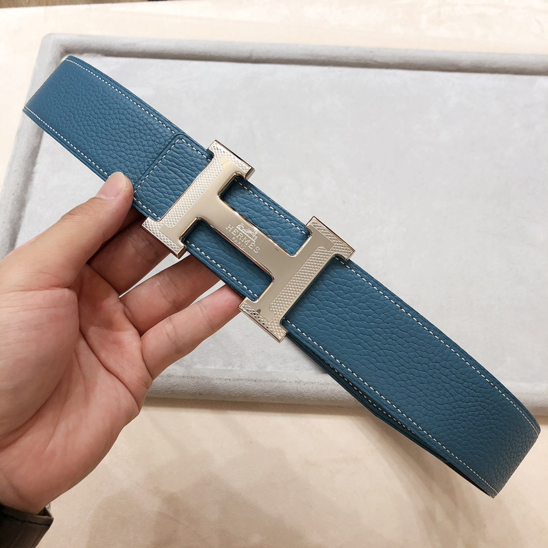 Hm H D'Ancre Belt Buckle & Reversible Blue Green Leather Strap 38 Mm Silver Hardware