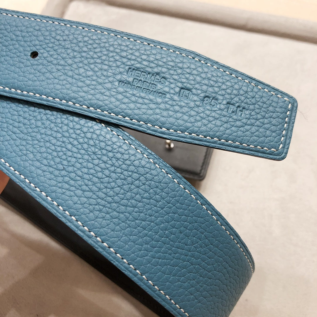 Hm H D'Ancre Belt Buckle & Reversible Blue Green Leather Strap 38 Mm Silver Hardware