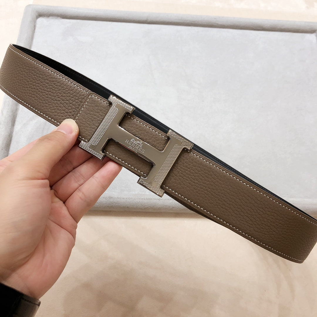 Hm H D'Ancre Belt Buckle & Reversible Coffee Brown Leather Strap 38 Mm Silver Hardware