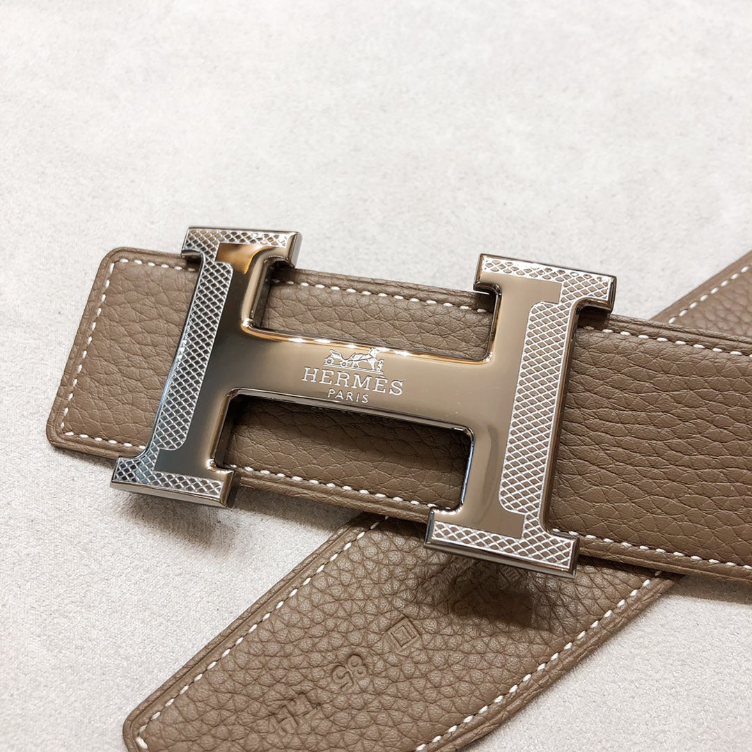 Hm H D'Ancre Belt Buckle & Reversible Coffee Brown Leather Strap 38 Mm Silver Hardware