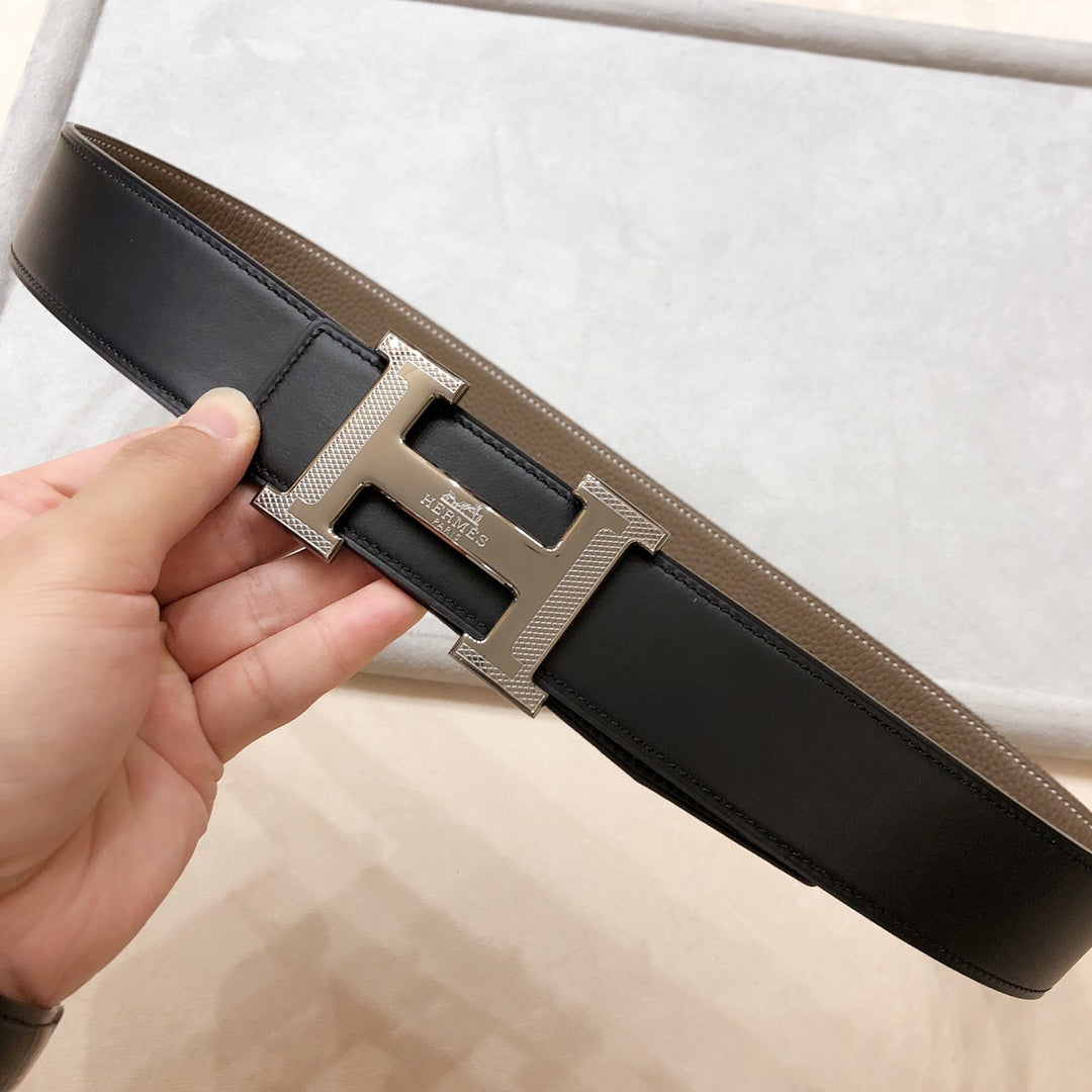 Hm H D'Ancre Belt Buckle & Reversible Coffee Brown Leather Strap 38 Mm Silver Hardware