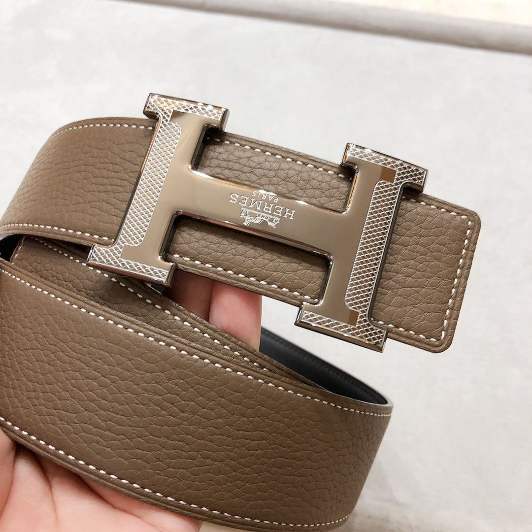 Hm H D'Ancre Belt Buckle & Reversible Coffee Brown Leather Strap 38 Mm Silver Hardware