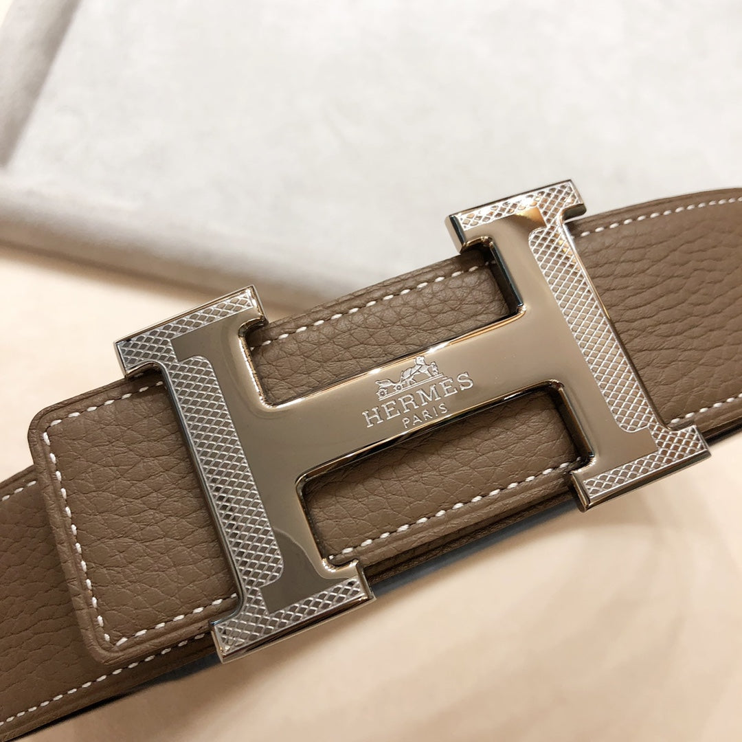Hm H D'Ancre Belt Buckle & Reversible Coffee Brown Leather Strap 38 Mm Silver Hardware