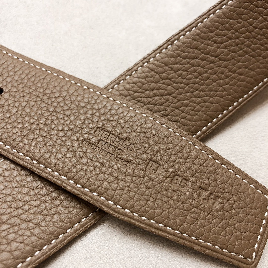 Hm H D'Ancre Belt Buckle & Reversible Coffee Brown Leather Strap 38 Mm Silver Hardware