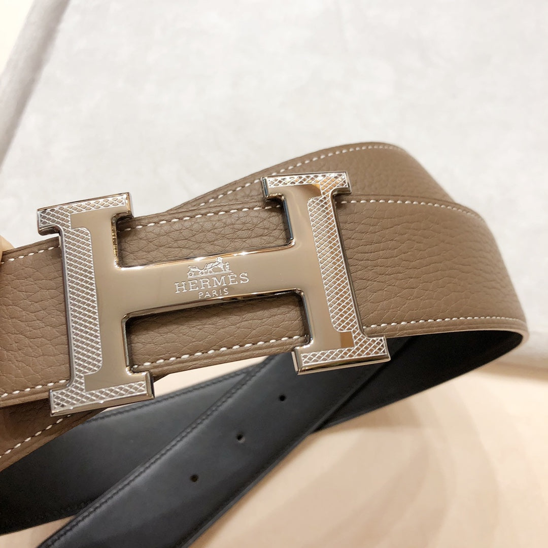 Hm H D'Ancre Belt Buckle & Reversible Coffee Brown Leather Strap 38 Mm Silver Hardware