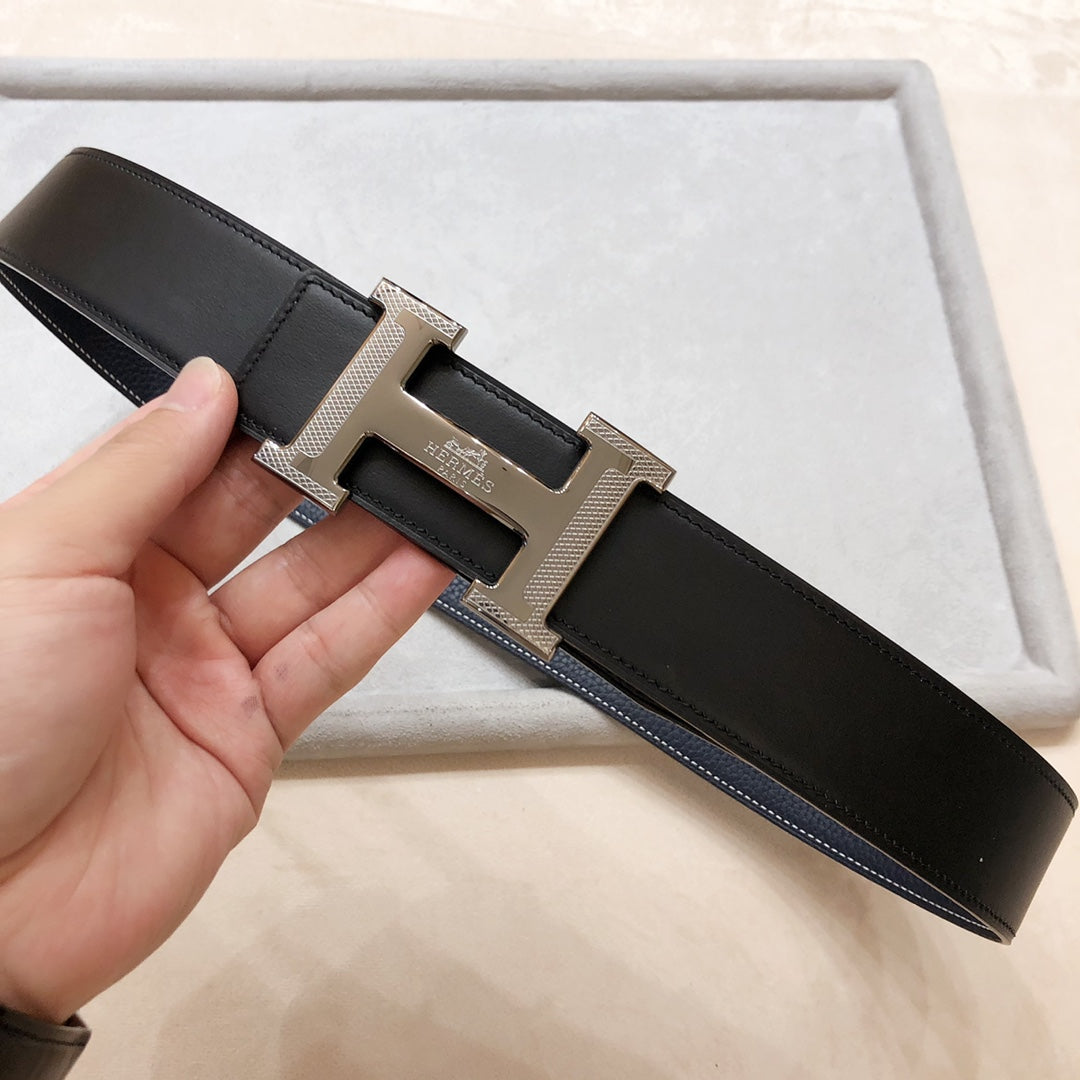 Hm H D'Ancre Belt Buckle & Reversible Black Leather Strap 38 Mm Grey Silver Hardware