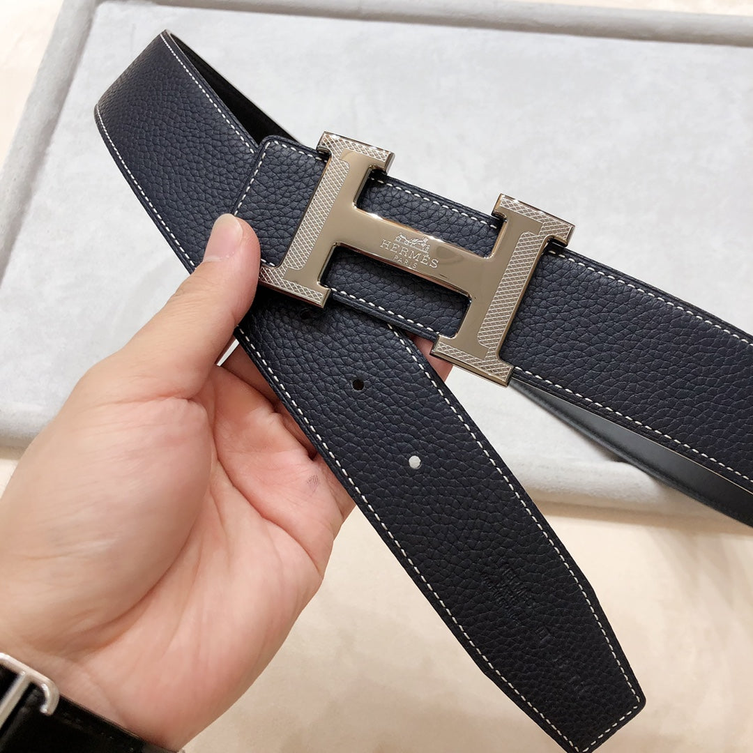 Hm H D'Ancre Belt Buckle & Reversible Black Leather Strap 38 Mm Grey Silver Hardware