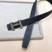 Hm H D'Ancre Belt Buckle & Reversible Black Leather Strap 38 Mm Grey Silver Hardware