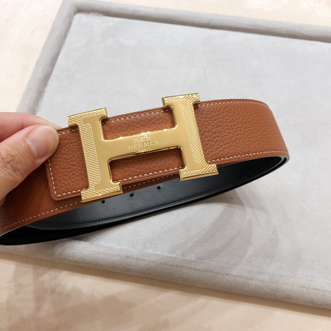 Hm H D'Ancre Belt Buckle & Reversible Black And Bronze Brown Leather Strap 38 Mm Gold Hardware