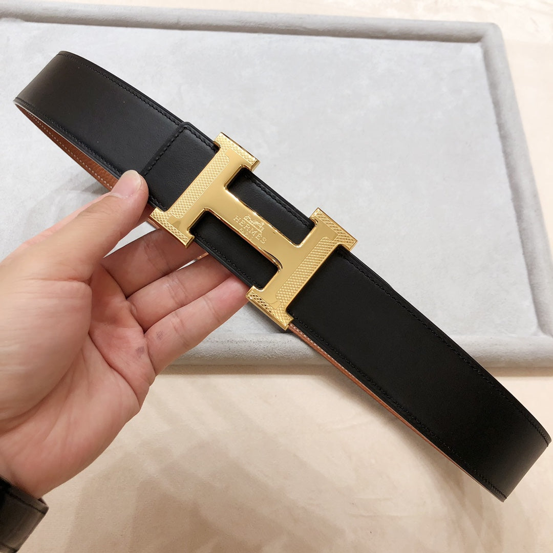 Hm H D'Ancre Belt Buckle & Reversible Black And Bronze Brown Leather Strap 38 Mm Gold Hardware