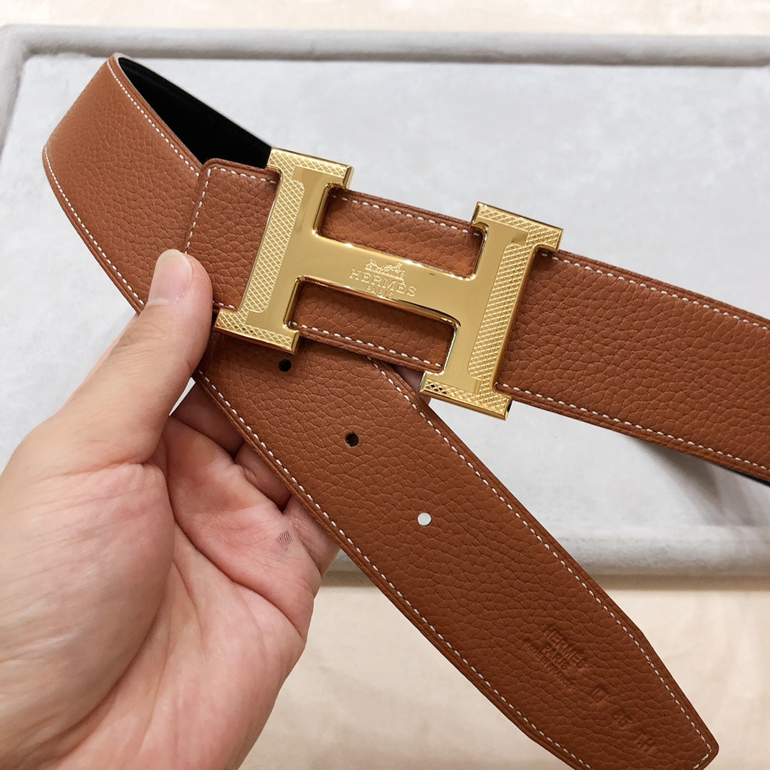 Hm H D'Ancre Belt Buckle & Reversible Black And Bronze Brown Leather Strap 38 Mm Gold Hardware