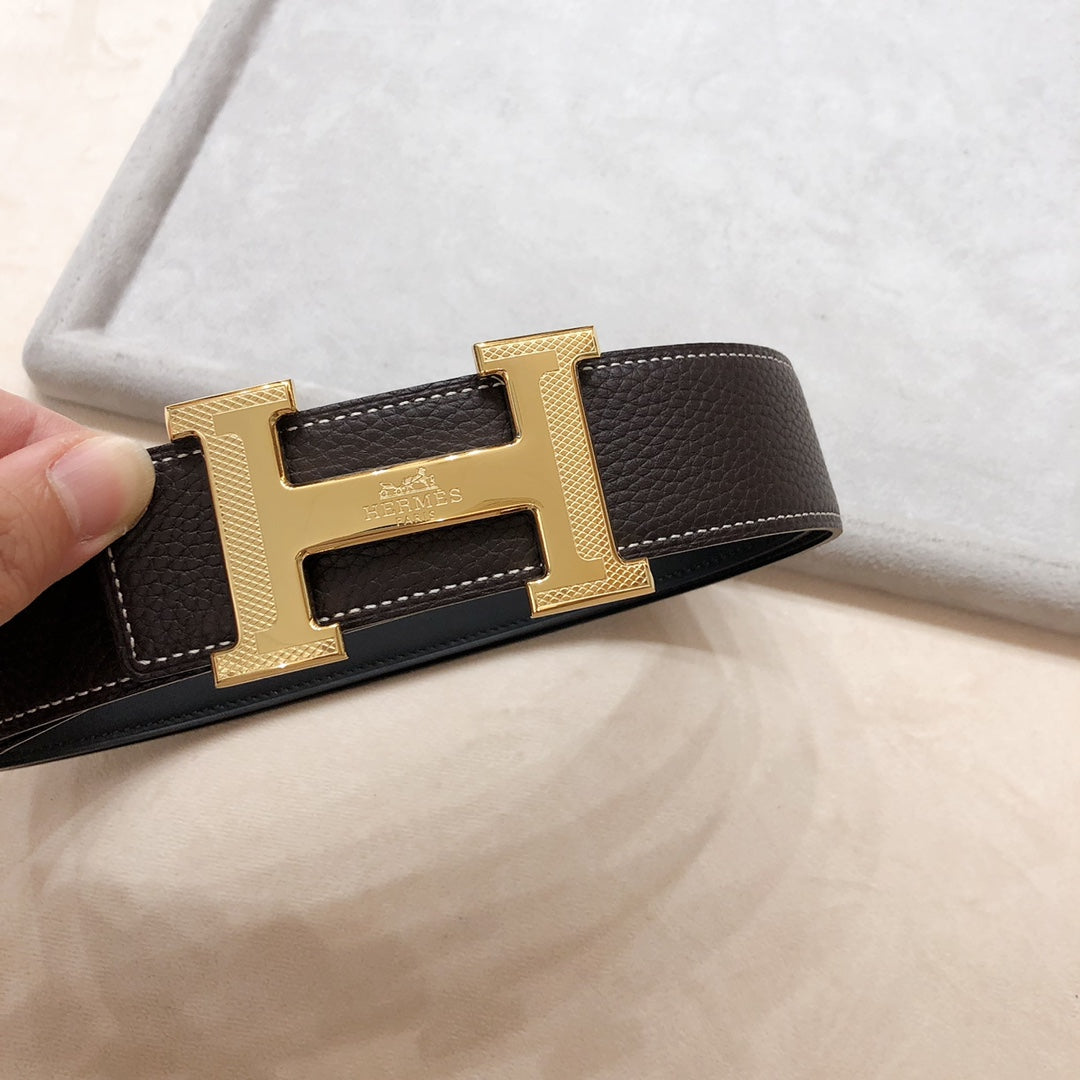 Hm H D'Ancre Belt Buckle & Reversible Black And Chocolate Brown Leather Strap 38 Mm Gold Hardware